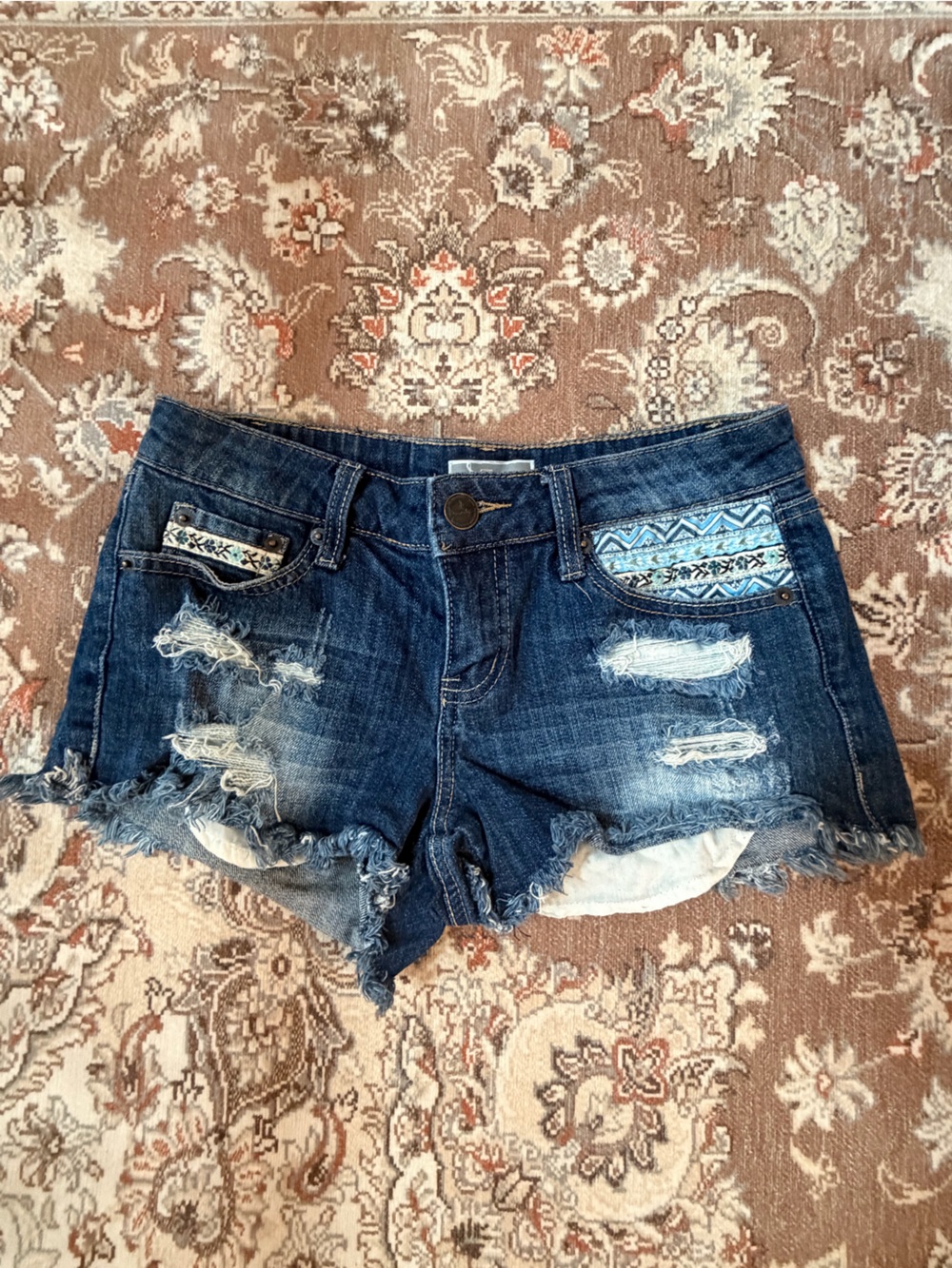 Spiritual Gangster Denim Distressed Blue Shorts with Aztec Pocket Trim